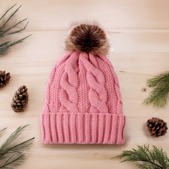 Haylee Glenn Pink Fleece Lined Cable Knit Fur Pom Pom Beanie Hat Gift Packaged - Picture 9 of 9